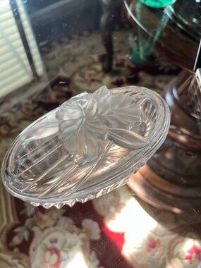 Vintage Glass Butterfly Lidded Dish Frosted Clear Trinket Box Vanity Decor